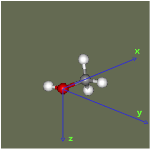 Molécule de méthanol en 3D repérée dans le système de coordonnées cartésiennes xyz, prenant son origine sur l'atome d'oxygène